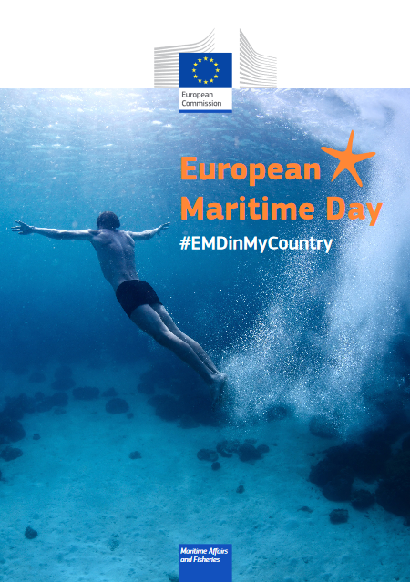 poster with EC logos, EMD hashtag and a man swimming