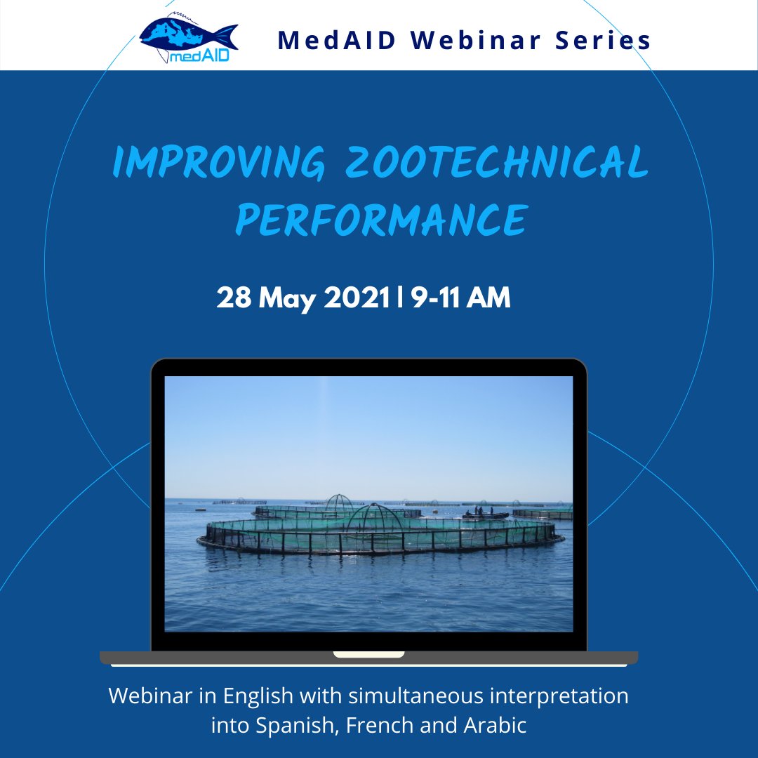 zootechnical event announcement poster with laptop and aquaculture fish farm