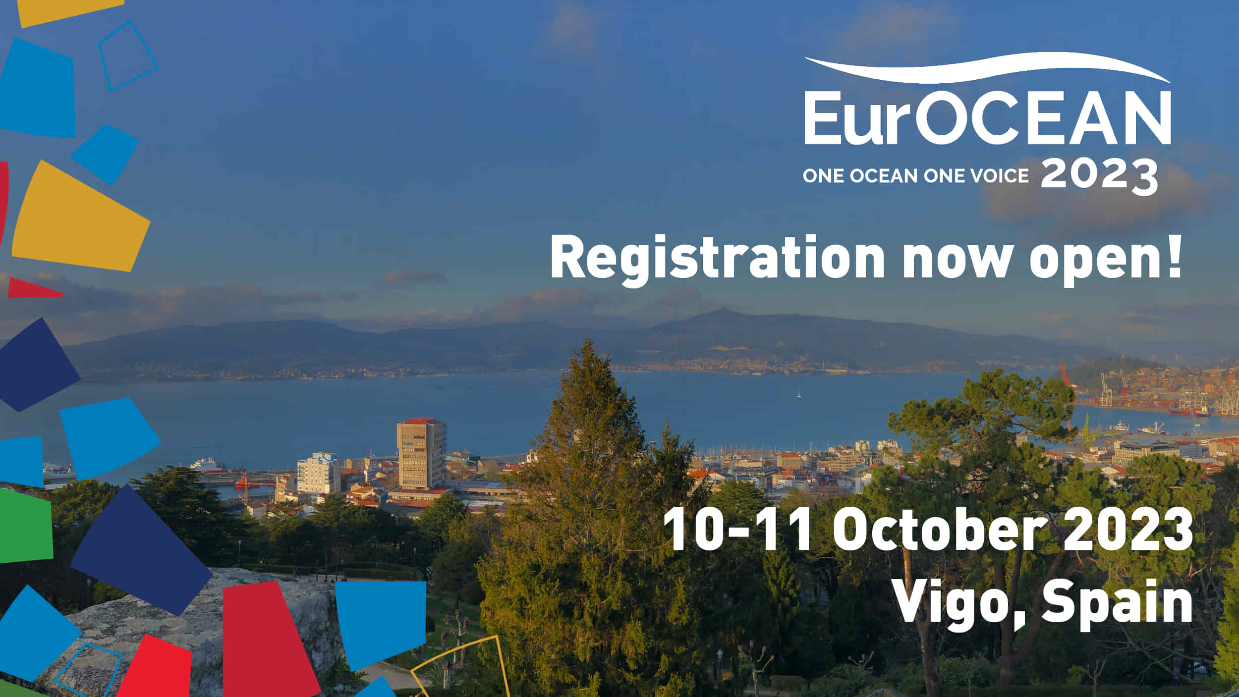 Eurocean 2023 conference announcement poster with mountain view on sea with port