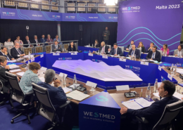 Ministers and high level representatives at WestMED branded table for the WestMED Ministerial Declaration 2023 in Malta  on June 23