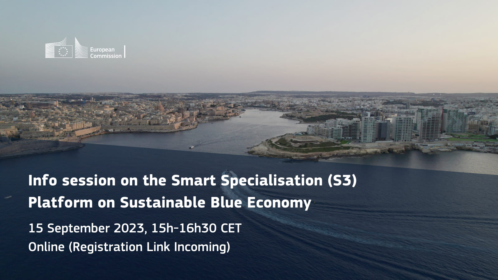 S3 information session September 2023 announcement poster with coastal city as background image