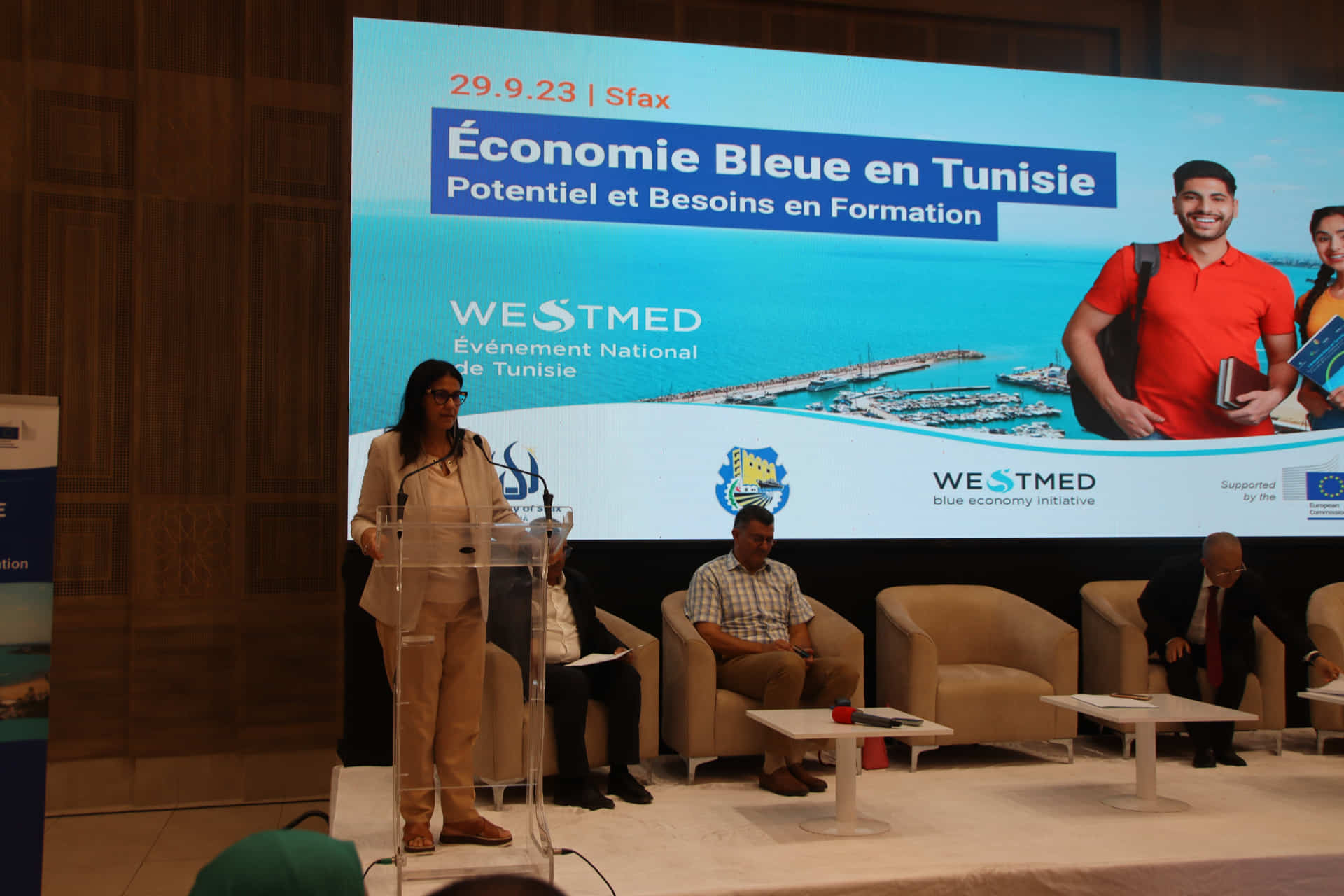 speaker on stage during WestMED National event Tunisia 2023