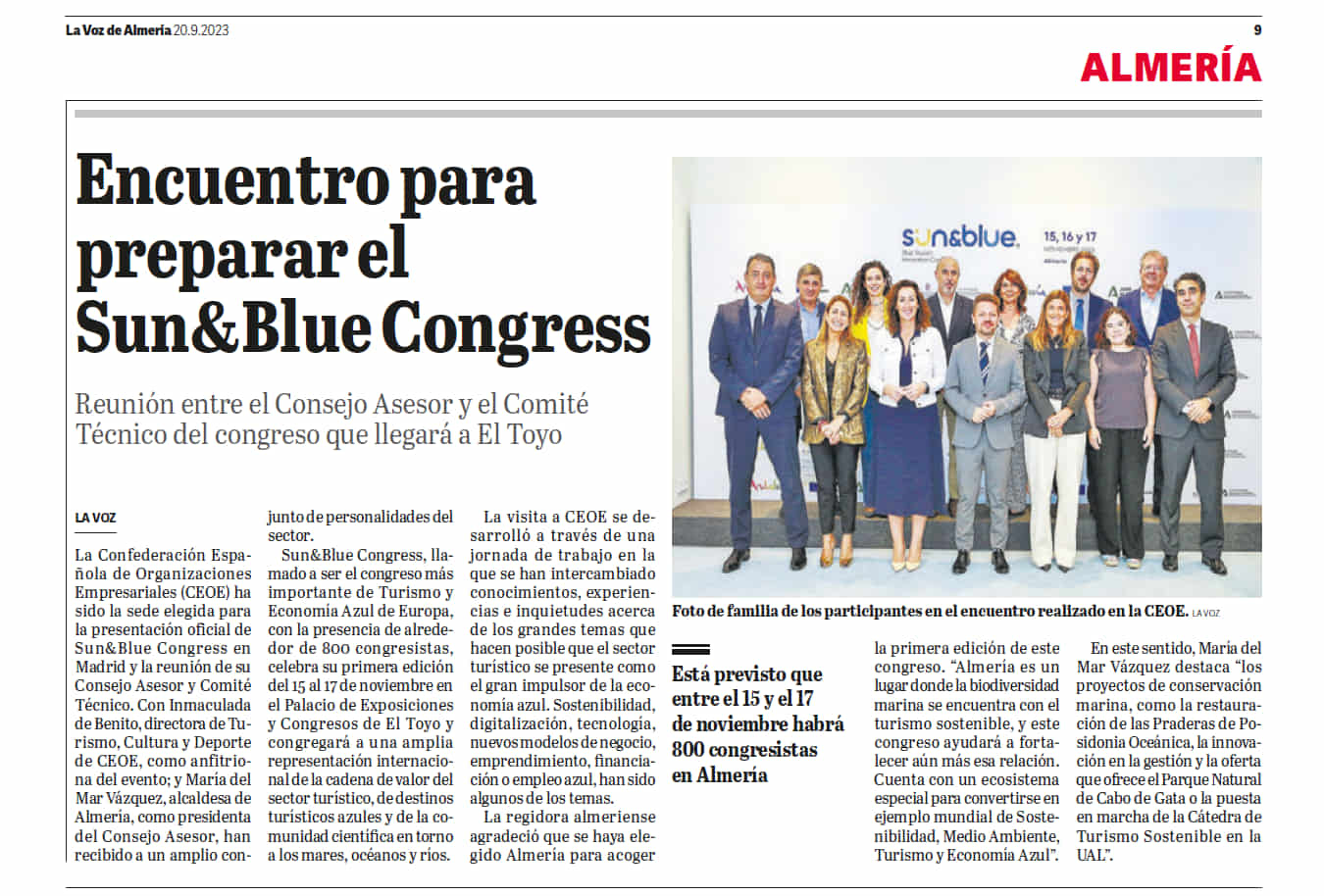 screenshot news article dated 20 september 2023 in la voz de almeria on Sun&Blue Congress 202