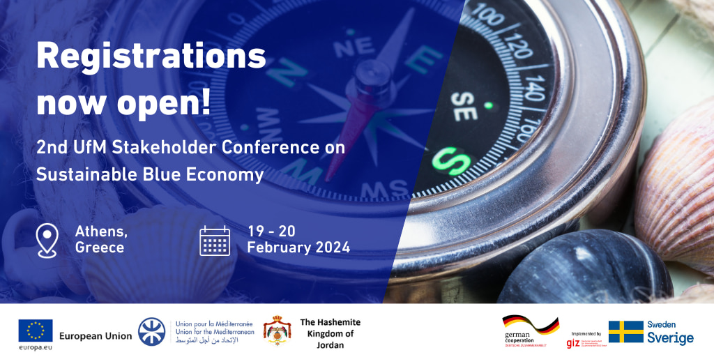 Event announcement poster displaying 'registrations open' for the UfM Stakeholder Conference 2024 with a compass in thge background