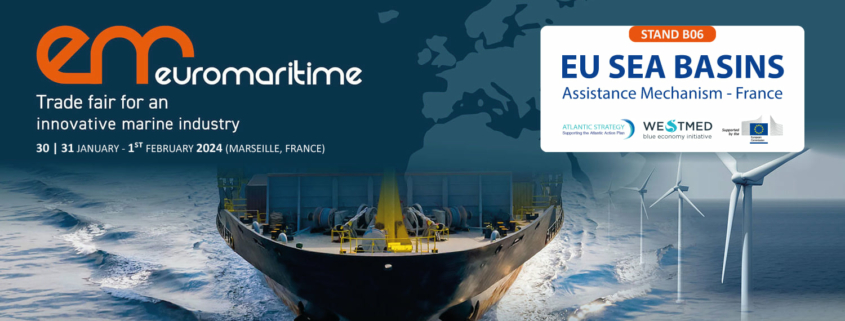 Euromarime 2024 poster with EU Sea Basin Assistance Mechanism text and stand number