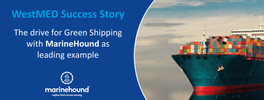 WestMED story annopuncement poster on Green shipping and marinehoumd with an image of a container ship