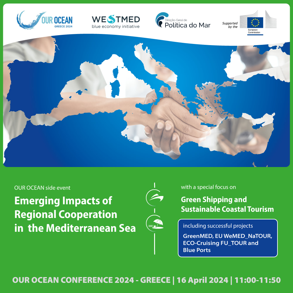 Our ocen conference side event announcement with image of the mediterranean and two multi-cultural and people shaking hands in the background