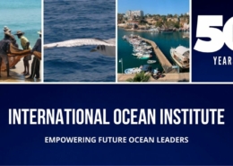International Ocean Institute poster with 50 yeras logo and 3 sea related images