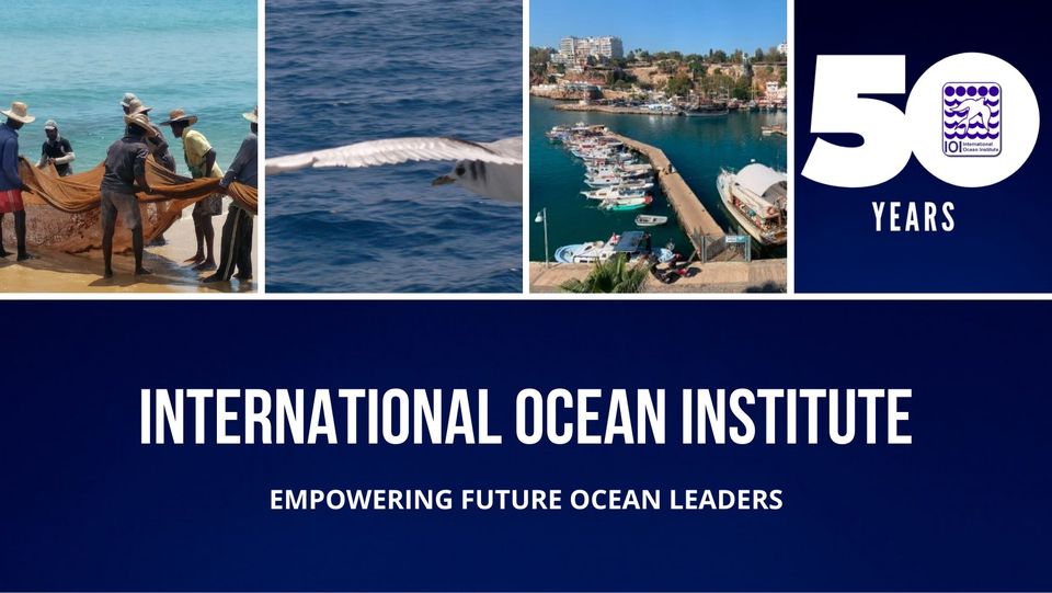 International Ocean Institute poster with 50 yeras logo and 3 sea related images