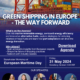 green shipping emd workshop announcement poster with image of port