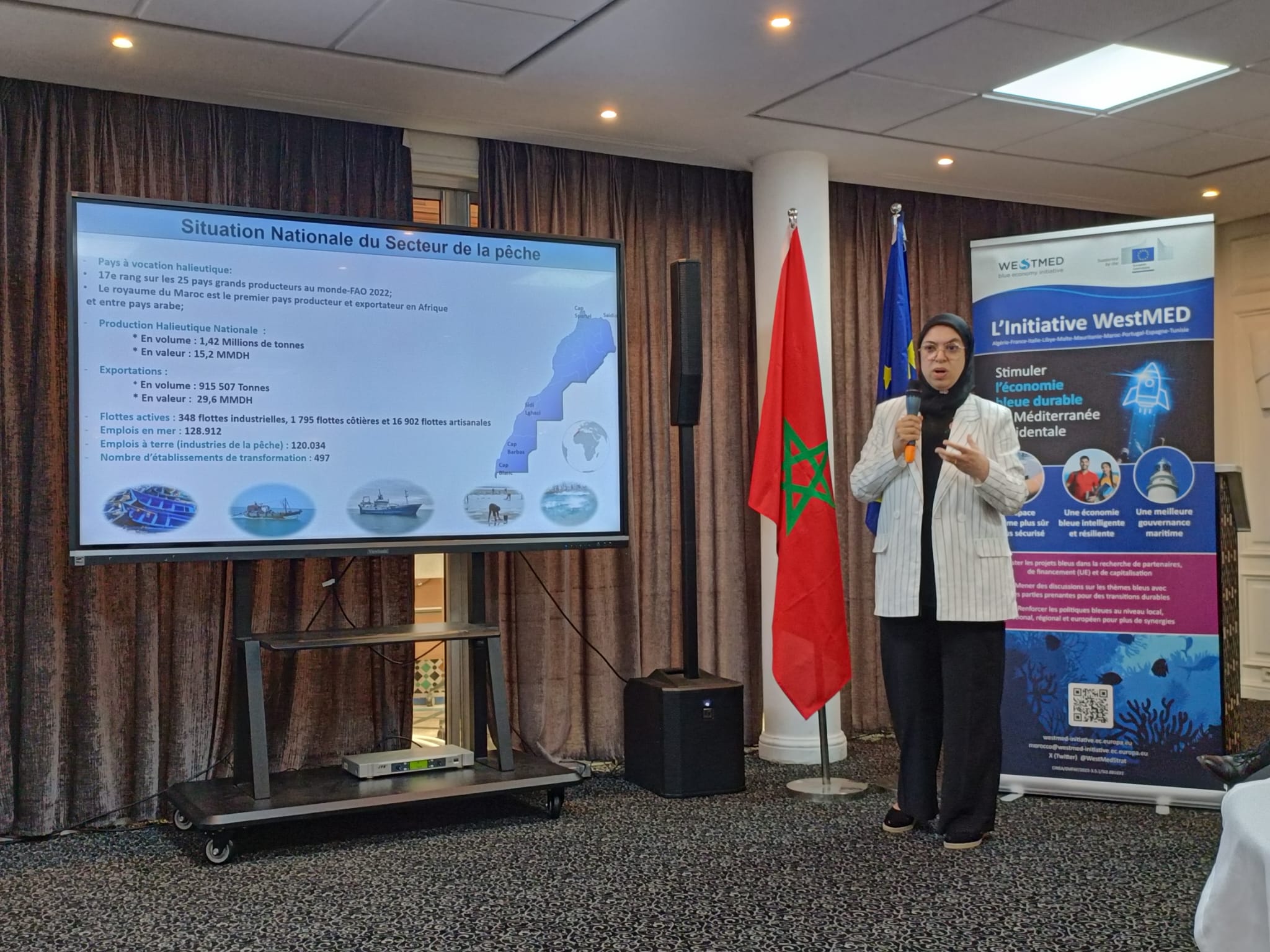 Speaker presenting during blue economy westmed national event in Morocco June 2024