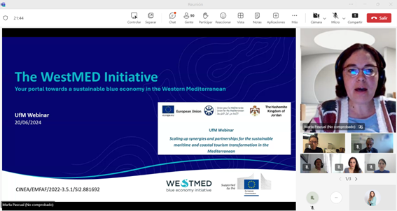 Screenshot of Marta Pascual from the WestMED National Hub presenting at the UfM coastal tourism webinar June 2024 