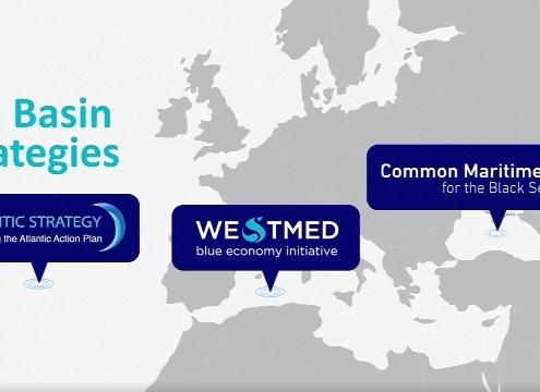screenshot from the explainer video on EU sea basin strategies with a geograhical map showing the logos of all three initiatives
