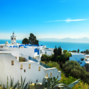 white blue city sidibou-said,tunisia with blue sea in the background