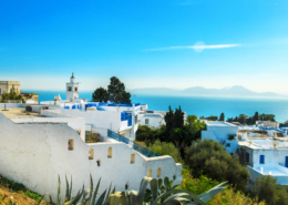 white blue city sidibou-said,tunisia with blue sea in the background