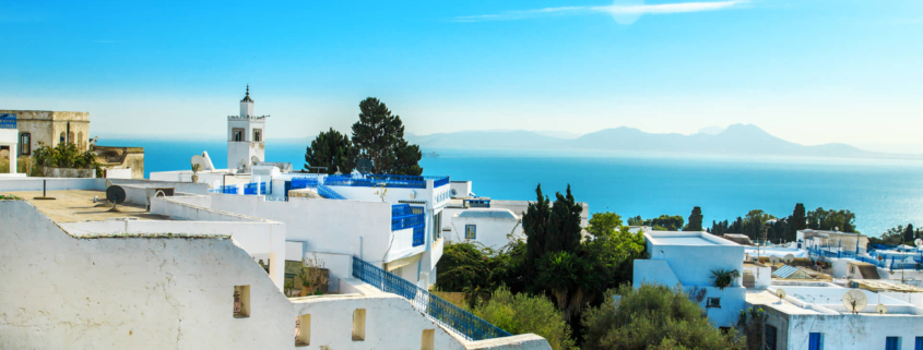 white blue city sidibou-said,tunisia with blue sea in the background