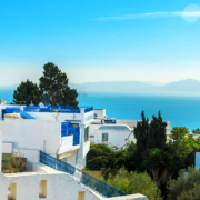 white blue city sidibou-said,tunisia with blue sea in the background