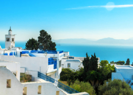 white blue city sidibou-said,tunisia with blue sea in the background