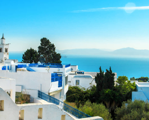 white blue city sidibou-said,tunisia with blue sea in the background