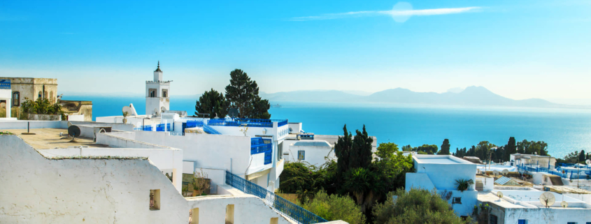 white blue city sidibou-said,tunisia with blue sea in the background