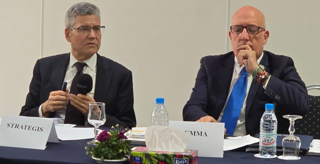 people discussing at a table with Strategis and CMMA at CAllmeblue project meeting in Tunis on 21 february 2025