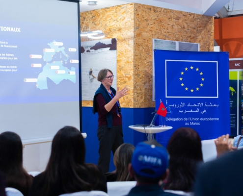 Elke Westenberger presenting the WestMED Initiative at Salon Haleutis 2025 in Agadir, Morocco