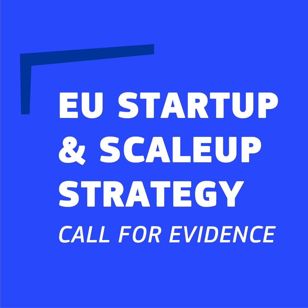 startup and scalup strategy call for evidence announcement poster with text only on blue backround