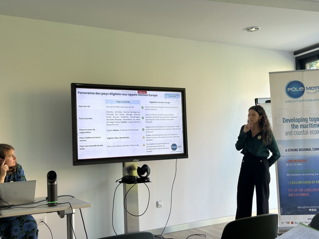 Standing woman presenting in conference room in front of big monitor