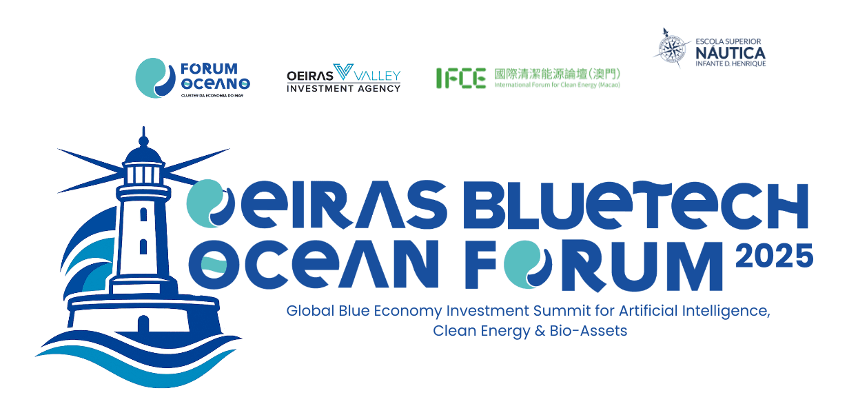 logo Oeiras bl;uetech ocean forum with drawing of lighhouse and the logos of partner organisations