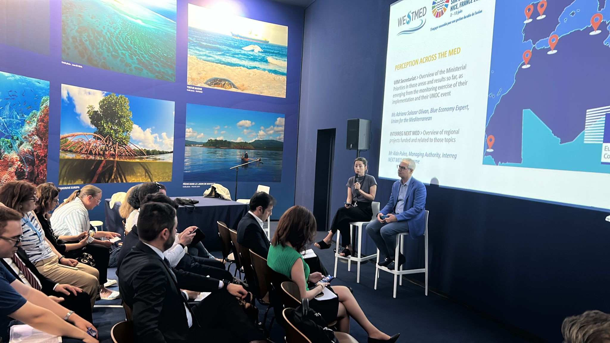 Adriana Salazar (UfM) and Aldo Puleo (Interreg) presenting at UNOC3 WestMED workshop