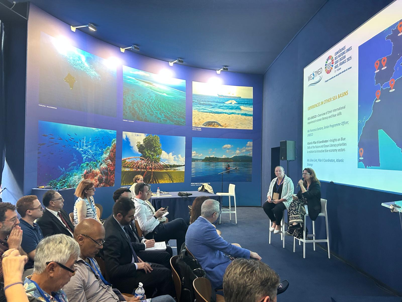 Francesca Santoro (IOC-Unesco) and Céline Liret (Atlantic Strategy Pillar 2) presenting at UNOC3 WestMED workshop