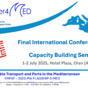 2025 Power4Med event announcement poster with title of event and drawing of the mediterranean basin map