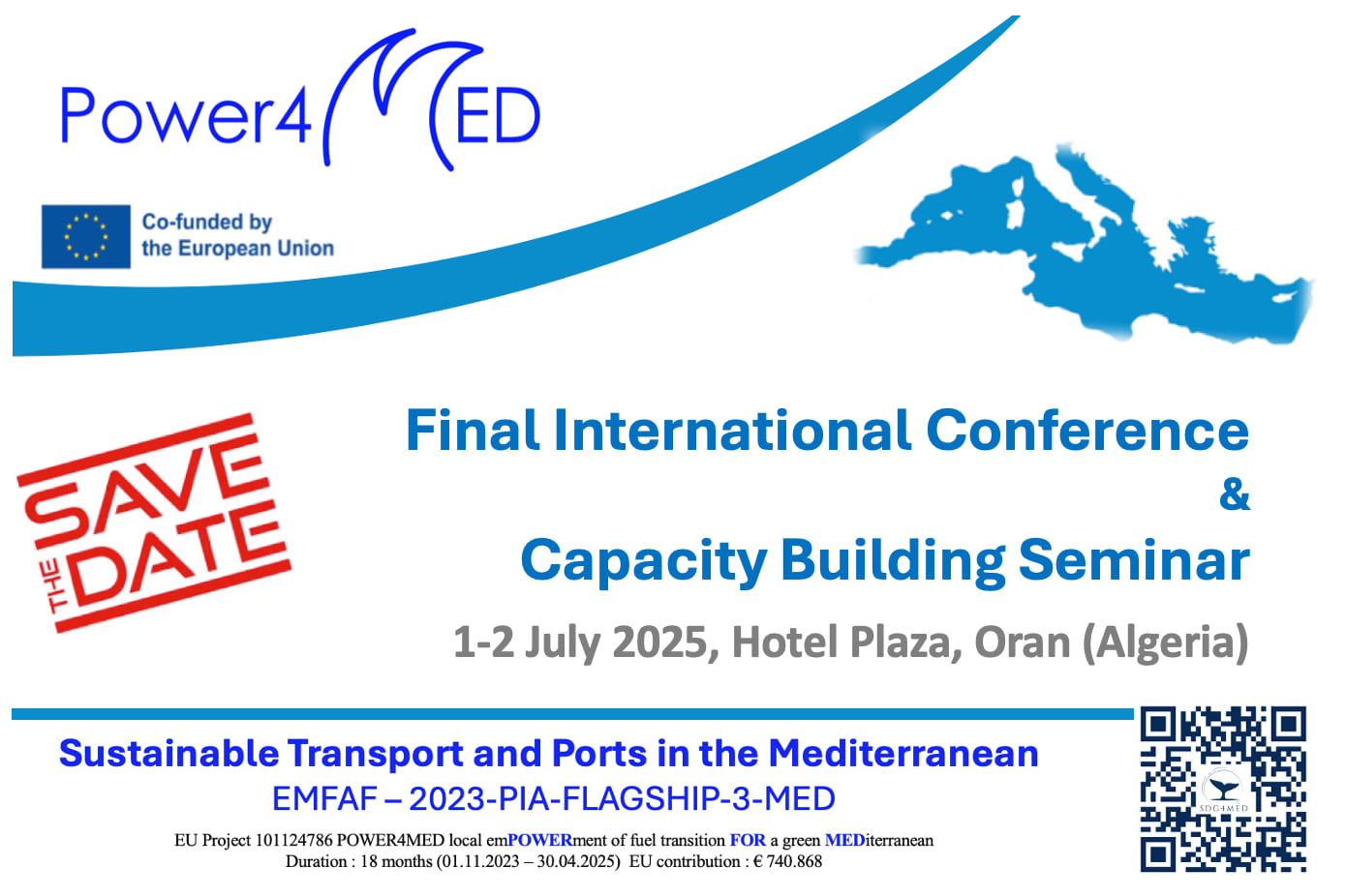 2025 Power4Med event announcement poster with title of event and drawing of the mediterranean basin map